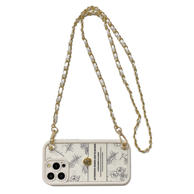 立体山茶花皮纹手机壳带斜跨链条