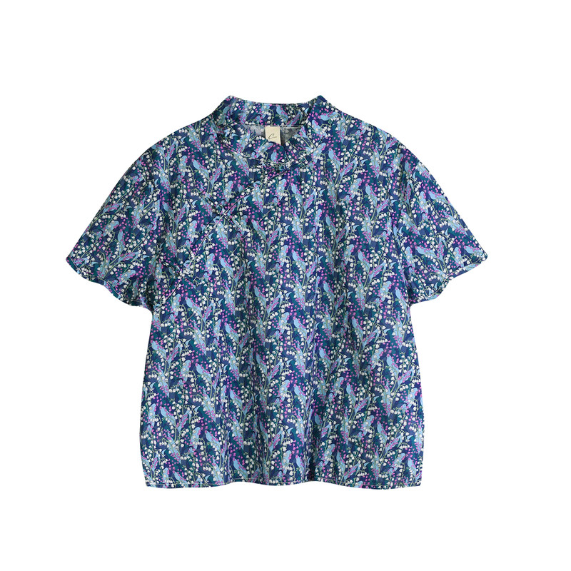 蔡爸爸童装夏装女大童文艺中式衬衣碎花旗袍上衣服盘扣170+563