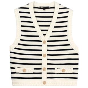 Maje博主同款2025春夏女装法式时尚黑白条纹V领无袖短款针织开衫