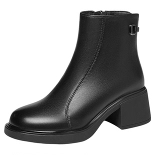 红蜻蜓妈妈鞋子冬季新款女鞋靴子羊皮粗跟皮鞋中年女士真皮高跟靴