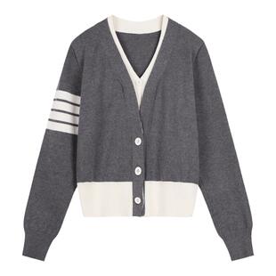 弥古学院风灰色假两件针织衫女春季修身长袖法式v领收腰显瘦上衣