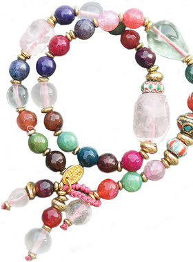 旺人际.粉色系天然粉晶玛瑙琉璃两圈多宝手链lotus mann