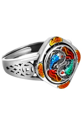 镂心景泰蓝时尚转动双鱼纯银戒指