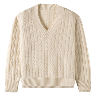 Acme cultum可机洗纯羊毛加厚绞花V领毛衣男复古鸡心领板球针织衫