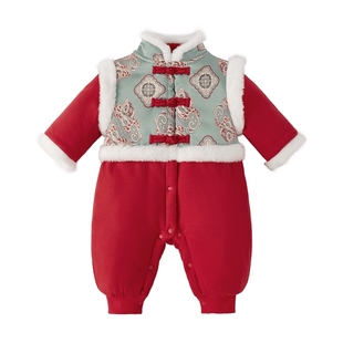 [抑菌锁温]婴儿夹棉连体衣男宝a类哈衣加厚红色新年爬服宝宝满月