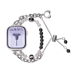 宣人适用applewatchS11s9珍珠水晶苹果手表s10链条金属表带iwatch 8se76541代Ultra2女生新款高级感不锈钢