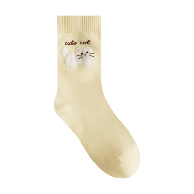 日系可爱小猫咪淡黄色中筒袜子女