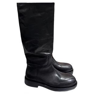 诗歌兰靴子女2025年冬季新款真皮不过膝长靴复古平跟高筒骑士靴潮