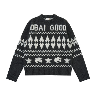 GOODBAI 星星白鸽logo提花撞色提花圆领宽松套头毛衣
