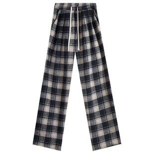 300斤胖mm大码美式慵懒格子阔腿休闲裤女高腰垂感宽松百搭毛呢裤