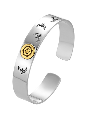 925纯银手工点金飞鸟开口羽毛手镯男 印第安老鹰情侣光面简约手环