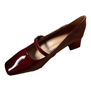 羊皮版sanjuan三卷小皮鞋红色单鞋法式玛丽珍婚鞋粗跟港风高跟鞋