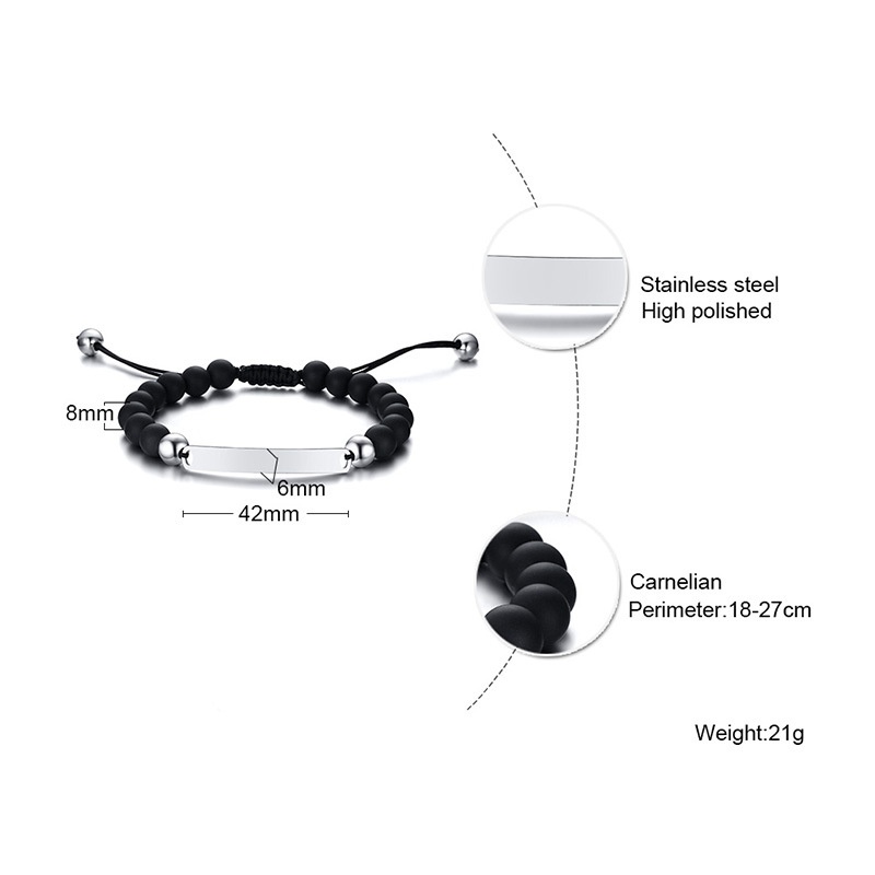 可刻字不锈钢弯牌哑光黑玛瑙串珠尼龙绳编织手绳男士 可调BR-610