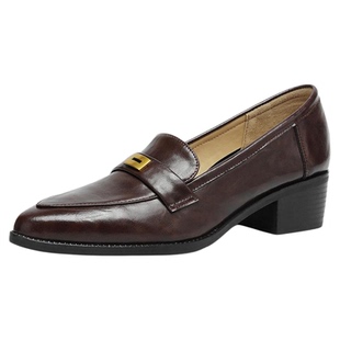 星期六棕色尖头乐福鞋女新款粗跟真皮单鞋女通勤一脚蹬小皮鞋