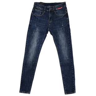 潮男原创秋新韩版修身深蓝贴标显瘦百搭小脚牛仔裤社会小伙青年长