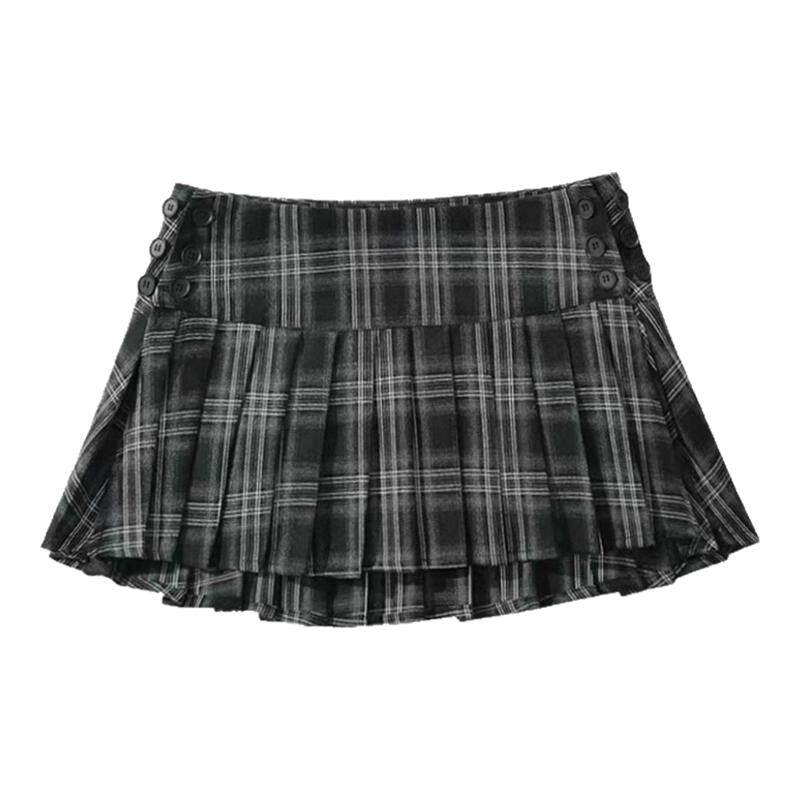 美式复古学院风格子百褶裙黑色格纹JK半身短裙显腿长百搭a字裙女