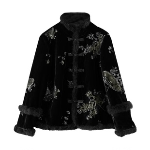 俞兆林新中式立领刺绣棉服外套女毛毛袖盘扣高级感2025新款妈妈装