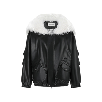 Alexia Sandra秋冬休闲长卷毛海军领蛋白pu廓形夹棉外套气质上衣