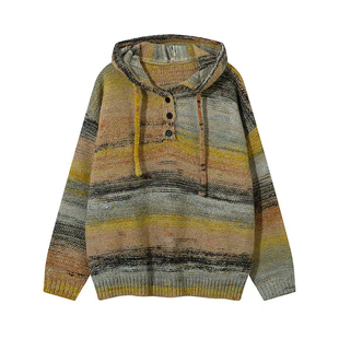 Holocene美式潮牌秋冬复古百搭宽松连帽针织衫撞色三粒扣毛衣外套