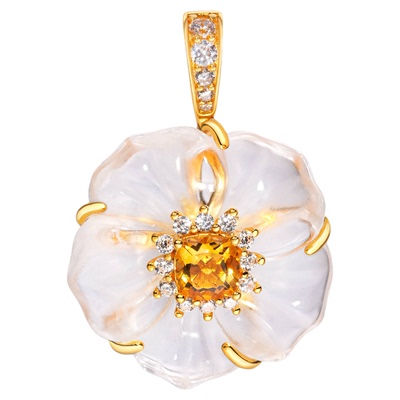 VISING珠宝天然白水晶黄水晶山茶花吊坠项链锁骨链S925银