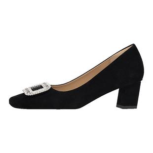 吴大叔2025秋冬通勤绒面单鞋经典方扣浅口高跟鞋时尚舒适粗跟女鞋