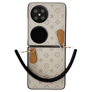 创意手提挂绳适用于 华为pocket2手机壳新款潮牌老花复古皮质外壳p50pocket女款轻奢商务高档pockets全包防摔