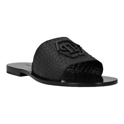 PhilippPlein男鞋黑色小牛皮PP压花鞋面平底凉拖鞋