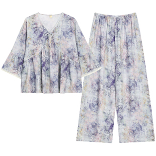 春夏秋季七分袖女士绵绸阔腿裤田园少女风家居服睡衣女人棉绸宽松