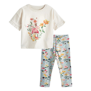 女童碎花打底裤子白色短袖T恤套装儿童纯棉夏季两件套中小童半袖2