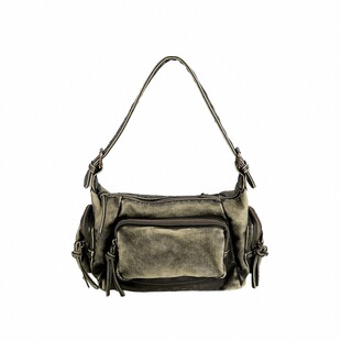 YAU大树 巴恩风复古墨绿腋下包做旧复古机车包美式潮酷软皮相机包