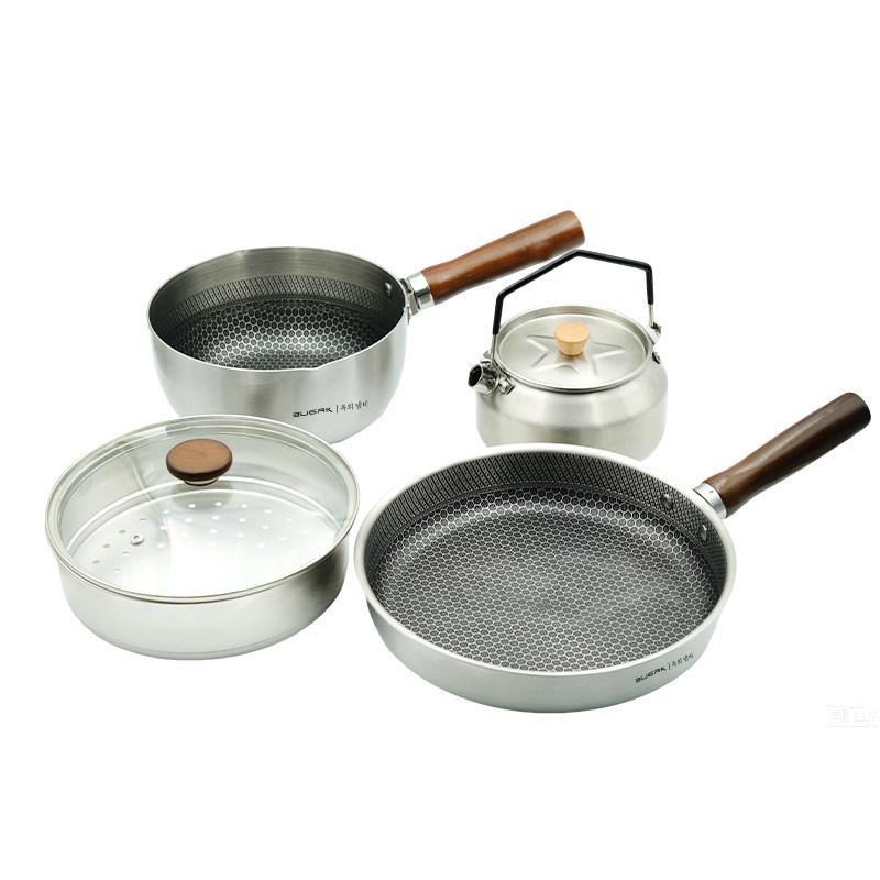 BUERK布比克三层钢卡式炉户外锅具套装露营烧水壶炒炊具煮饭神器