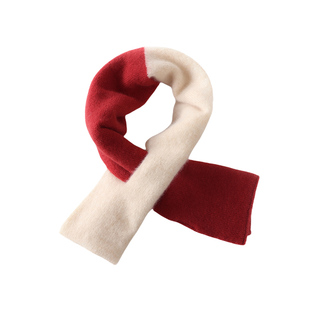 精选迷你超软100%纯山羊绒小围巾女穿孔拼色短款双层保暖护颈围脖