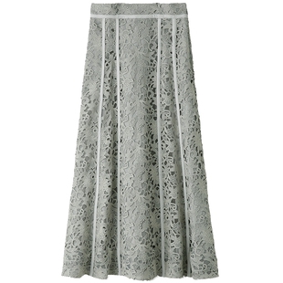 SNIDEL秋冬法式复古高腰蕾丝刺绣镂空A字伞裙半身裙SWFS234216