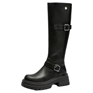 金利来女鞋2025秋冬真皮厚底高筒骑士靴女皮带扣机车靴显瘦长靴女