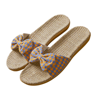 女蝴蝶结拖鞋新款蝴蝶结真麻草编亚麻拖鞋女夏季家居室内软底夏天