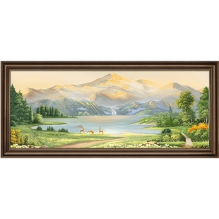 美式山水画靠山图客厅装饰画手绘油画沙发背景墙挂画横版高档壁画