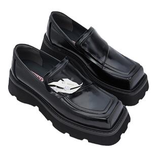 DAPHNELAB达芙妮方糖乐福鞋女2024新款月桂叶厚底黑色方头小皮鞋