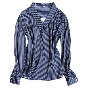 OFFIY-吸睛早春V领系带条纹长袖衬衫 法式挺括质感时髦chic女