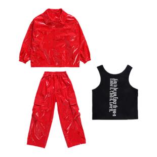 女童爵士舞服模特走秀亮皮裤子镜面反光皮衣红色套装街舞表演服潮