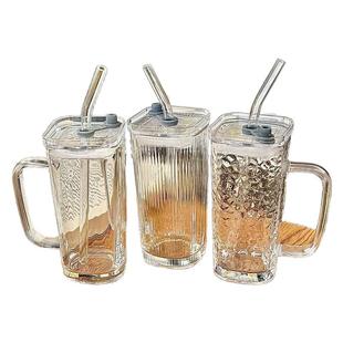 吸管玻璃杯带把手杯子女新款2025高颜值喝水杯办公室咖啡杯牛奶杯