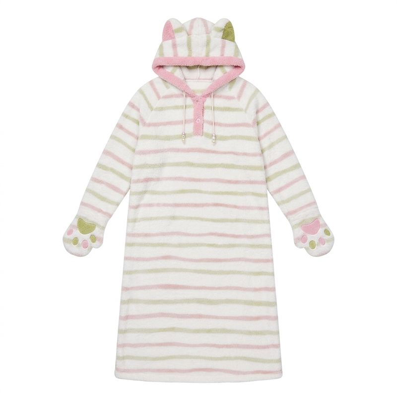 YANXCOSY2025新款秋冬雪妃绒猫爪手套条纹连帽睡裙女家居服可外穿