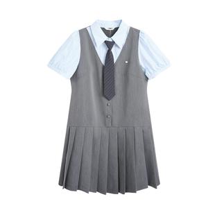 紫涵灰色假两件撞色拼接连衣裙女夏季新款学院风简约通勤百褶短裙