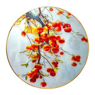 苏绣精品柿柿事事如意客厅挂画新中式餐厅玄关手工刺绣圆形装饰画