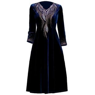 时尚中老年女装连衣裙中长款大码显瘦高端妈妈装春装刺绣金丝绒裙