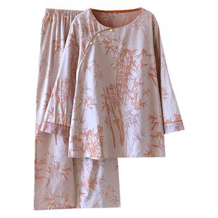 古风睡衣女春秋薄款色织纯棉双层纱布复古中国风九分袖长裤家居服