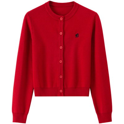 BANANA BABY2025年冬季新款时尚甜美针织开衫女圆领刺绣减龄毛衣