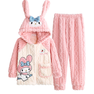 儿童法兰绒睡衣女童秋冬季珊瑚绒加绒2025新款美乐蒂小女孩家居服