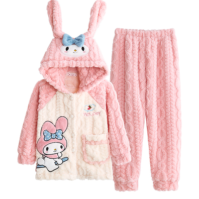 儿童法兰绒睡衣女童秋冬加绒保暖