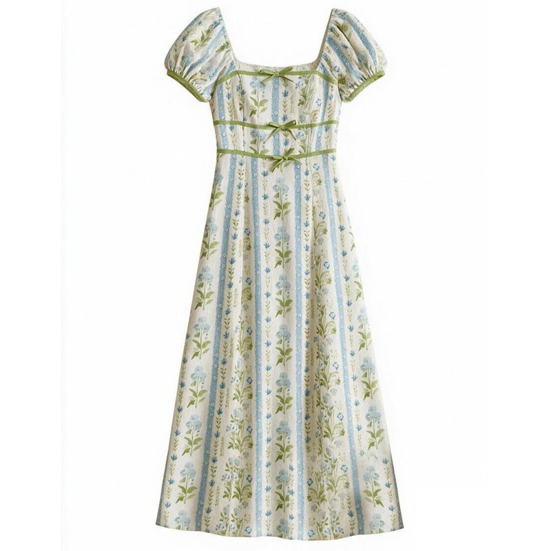 法式田园碎花方领收腰A字连衣裙