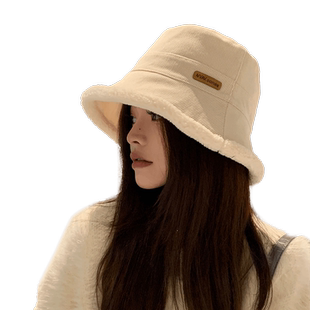 渔夫帽女秋冬季2023新款加绒保暖百搭双面羊羔毛绒水桶盆帽子冬天